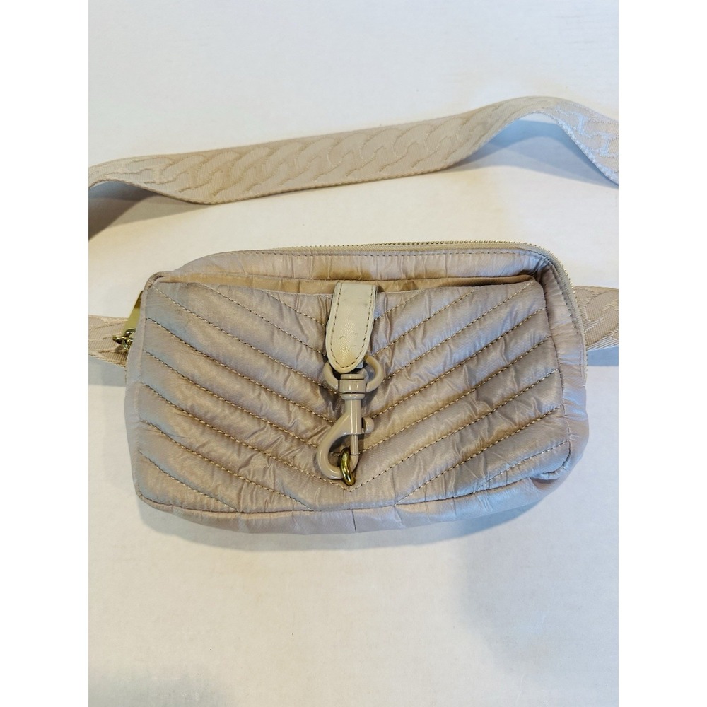 Rebecca Minkoff Edie Quilted Nylon Belt Bag Crossbody Tan Gold